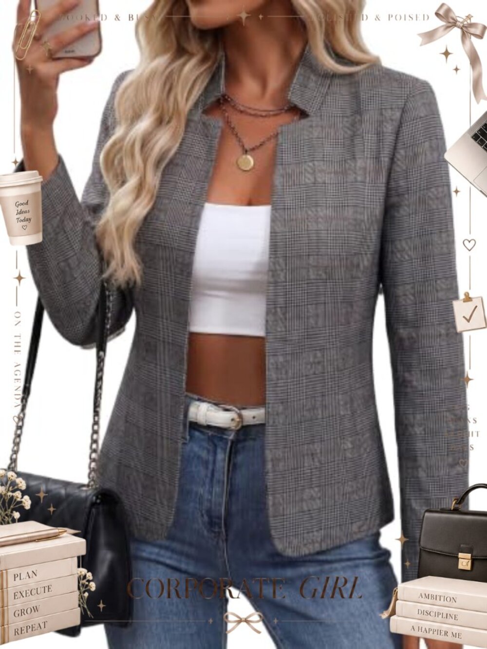 Women Plaid Blazer Open Front Stand Collar Lightweight Boyfriend Suit Jacket